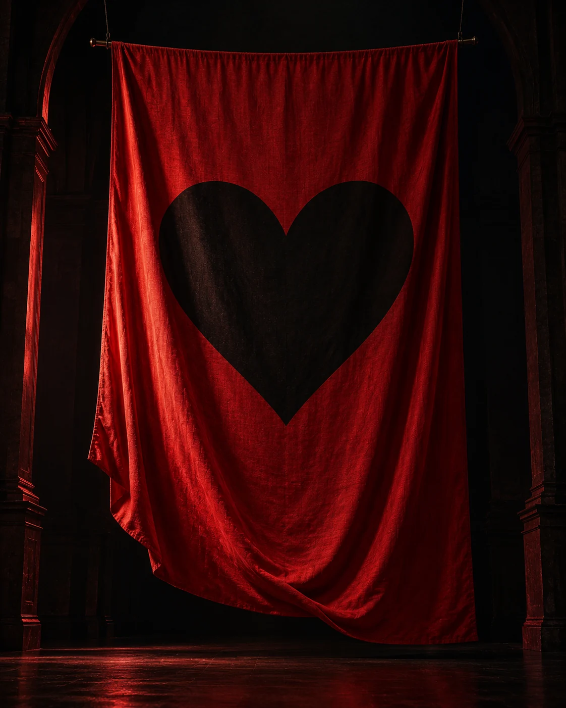 Symbolic artwork of a crimson banner bearing a black heart in a dark space